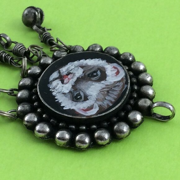 Handpainted Ferret Pendant Silvertone Metal Long Pet Artisan Danglers Polecat - Picture 5 of 11